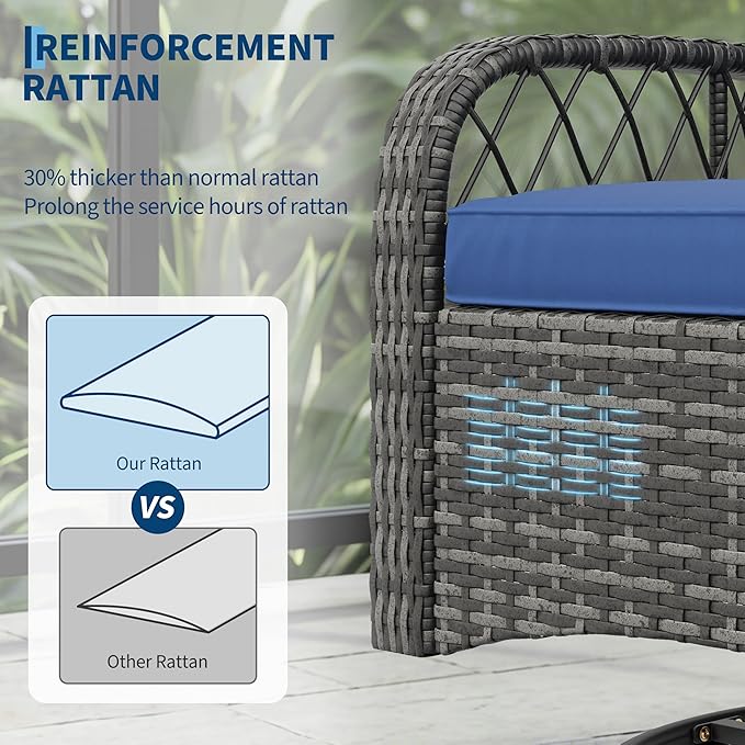 3 Pieces Patio Furniture Set, Outdoor Swivel Glider Rocker with Washable Cushions, Tempered Glass Tabletop Conversation Set for Deck, Porch, Balcony, Backyard, Garden, Grey & Blue