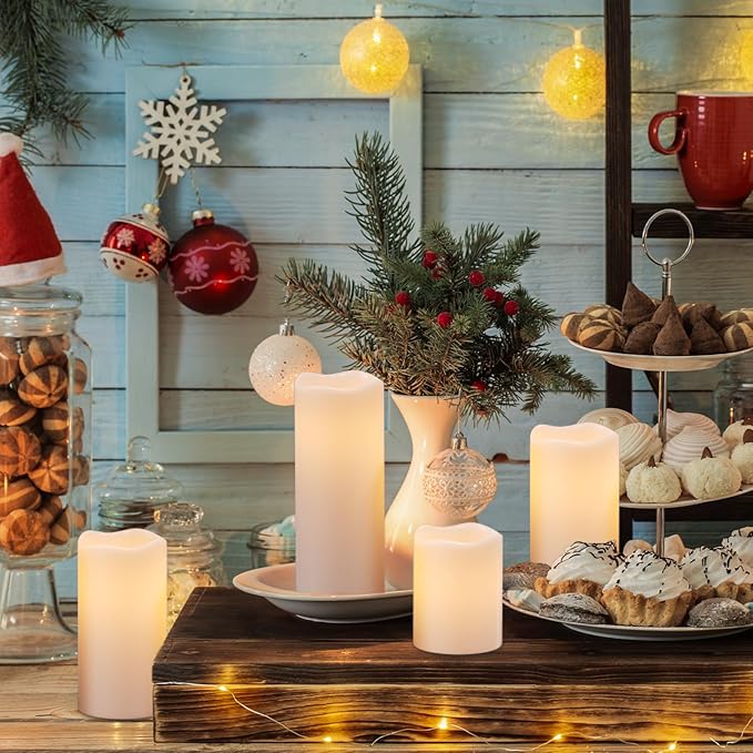 Outdoor Indoor Waterproof Flameless Candles Flickering with Remote Timer, White LED Pillar Candles Battery Operated Pack of 4, Long Lasting Electric Candles Lanterns Φ 3" H 4” 5” 6” 8”