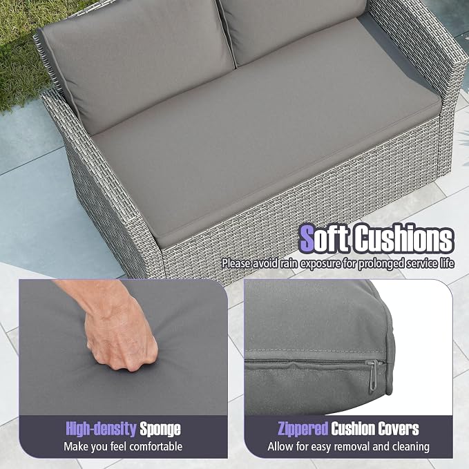 Tangkula 4 Pieces Patio Furniture Set, Outdoor PE Wicker Sectional Conversation Bistro Set with 2 Rattan Chairs, Loveseat, 2-Tier Tempered Glass Coffee Table and Cushions for Balcony, Garden (1, Gray)