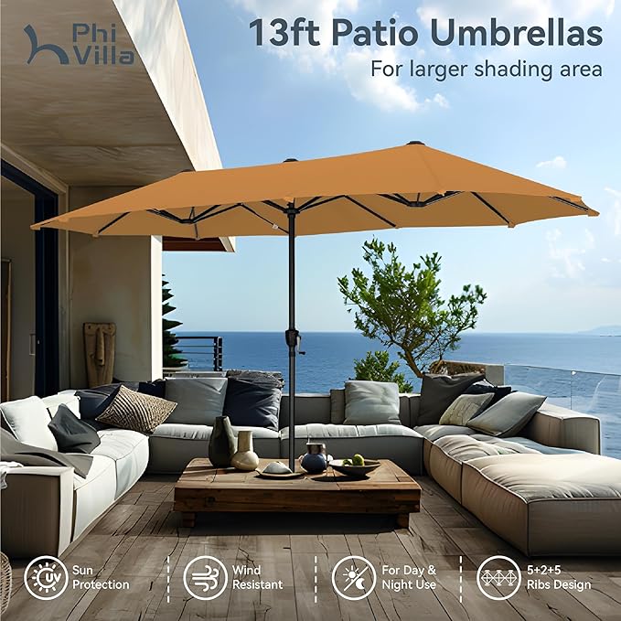 PHI VILLA 13ft Large Patio Umbrellas, Double-Sided Outdoor Market Rectangle Umbrella for Outside, Tawny