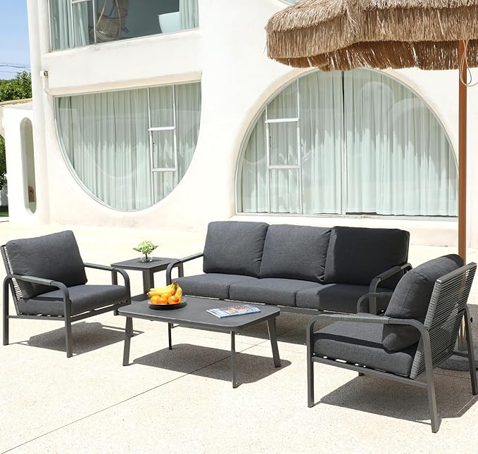 Aluminum Outdoor Patio Furniture Set with Coffee Table, 5 Piece Patio Conversation Sets with Washable Thick Cushions, Patio Sectional Furniture Set for Porch, Balcony, Grey