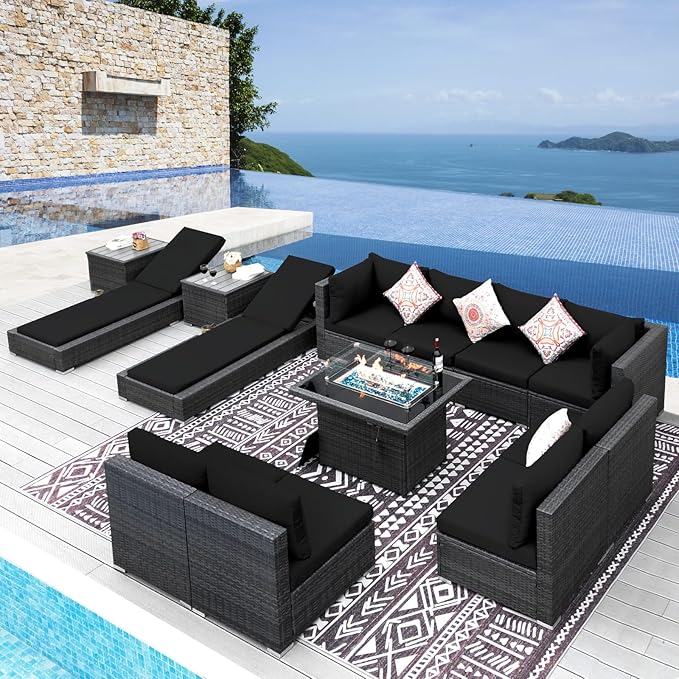 NICESOUL 13 Piece Outdoor Patio Furniture Set with Fire Pit, All-Weather Wicker Modular Outdoor Sectional with Chaise Lounge, Big Large 10-People Wide Deep Sitting Sofa for Backyard, Deck, Grey&Black