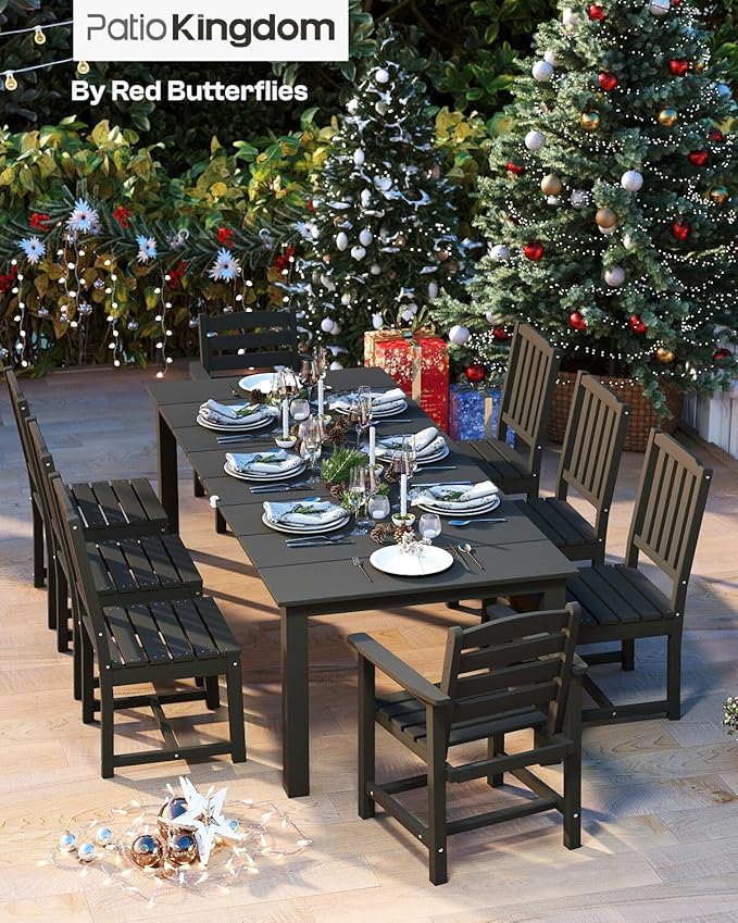 9-Piece Black Outdoor Dining Set with White 15FT Large Patio Umbrella, 75.2'' HDPE Table & Chairs for 8, Weather-Resistant Furniture with Umbrella Hole for Patio, Lawn, Poolside