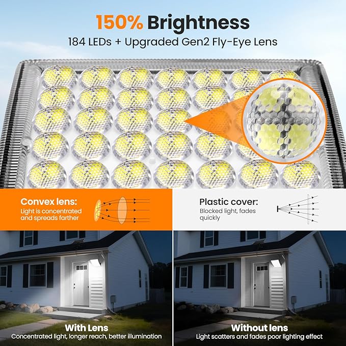 Solar Lights Outdoor Waterproof Motion Sensor Security Lights with Remote, 3 Modes 184 LED 150% Bright Upgraded Convex Lens, 16.4 Ft Cord, Outdoor Light for Patio, Shed, Barn, Garage
