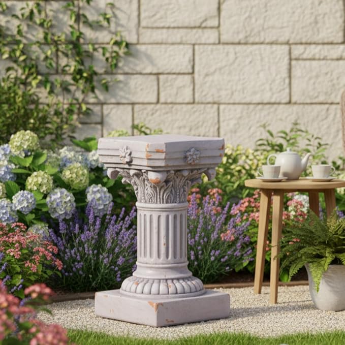 Merax 16.73" H Corinthian Pedestal Plant Stand, MGO Decorative Pedestal Side Table for Indoor Outdoor Entryway Garden Home, Antique White, No Assembly Needed