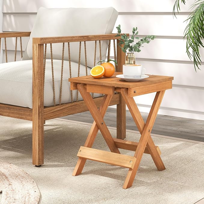 HAPPYGRILL Outdoor Folding Side Table Set of 2, Wood Square End Table with X-Shaped Legs, Slatted Tabletop, 14” Compact Outside Table, Portable & Lightweight Patio Coffee Table
