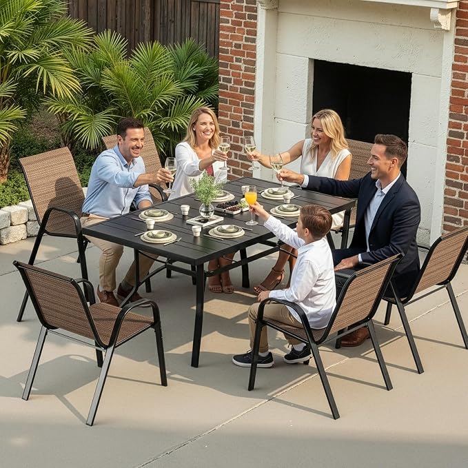 Soohow 7-Piece Outdoor Dining Set, Outdoor Patio Table and Chairs Set, 6 x Stackable Chairs & 1 x Outdoor Table with Umbrella Hole, All-Weather Patio Dining Sets for Poolside, Backyard and Porch