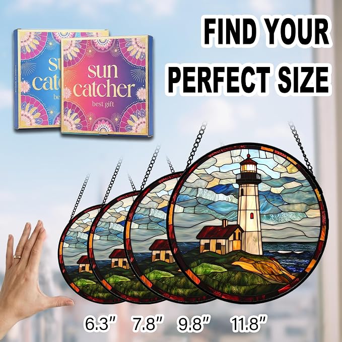 Birthday Gifts for Women - Ocean Lighthouse Faux Stained Glass Window Hanging Sun Catcher for Door Garden Acrylic Decor Mother's Day Christmas for Mom Men Nana Grandma Sisters Dad 7.8"