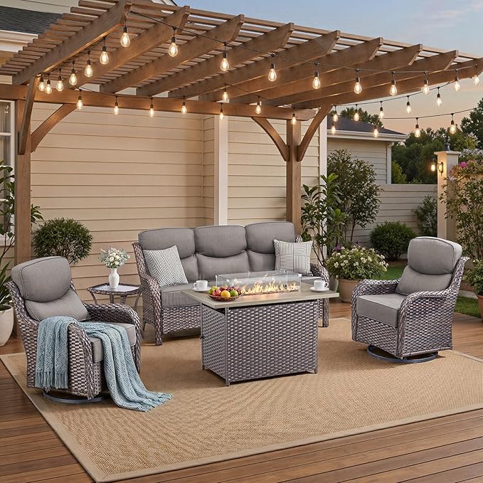 Luxury High Back Patio Furniture Set with 6-Inch Thick Cushions, 5-Pieces Outdoor Furniture with Swivel Chairs Fire Pit, Wicker Conversation Set for Porch, Balcony, Deck and Yard, Brown/Grey