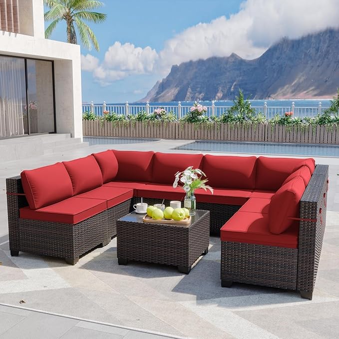 ALAULM 9 Pieces Patio Furniture Set Wicker Patio Conversation Set, Outdoor Sectional Furniture w/Coffee Table & Washable Seat Cushions-Red