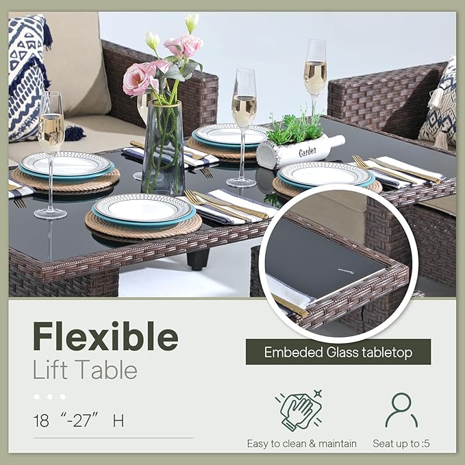 SUNSITT Outdoor Patio Furniture Set 4 Piece Wicker Conversation Set with Lift Coffee Table Sectional Dining Set 3 Seat Sofa Couch with Club Chair, Brown Wicker & Beige Cushion