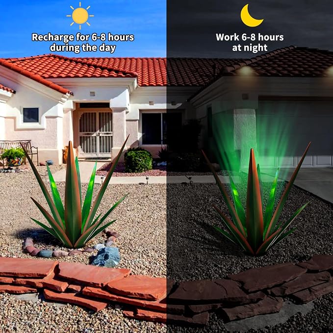 KODIBO Large Metal Agave Plant Outdoor Decor with Solar Light, Dark Green | Tequila Rustic Sculpture with Solar Light, Weather-Resistant Material, Outdoor Garden Sculpture for Patio Path Courtyard Lawn