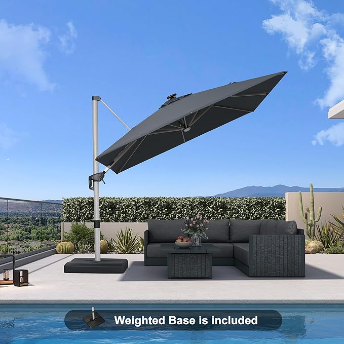PURPLE LEAF Patio Umbrella with base 9 Feet Outdoor Square Cantilever Umbrella Solar Powered LED with 360-degree Rotation for Garden Deck Pool Patio, Grey