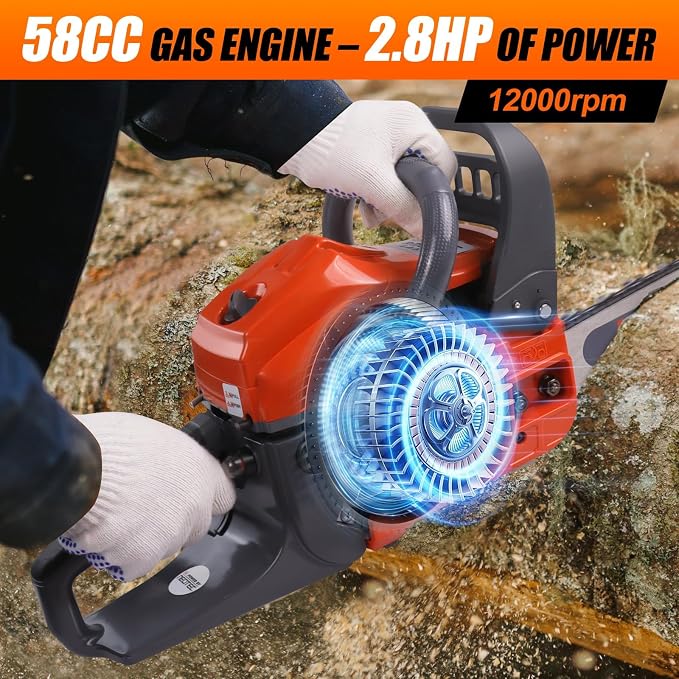58CC Gas Powered Chainsaw with 20 Inch Bar Chain Ergonomic Chainsaw Chain Brake Anti-Vibration System, 2-Cycle Chain Saw for Tree Cutting Firewood Wood Yard Cleaning