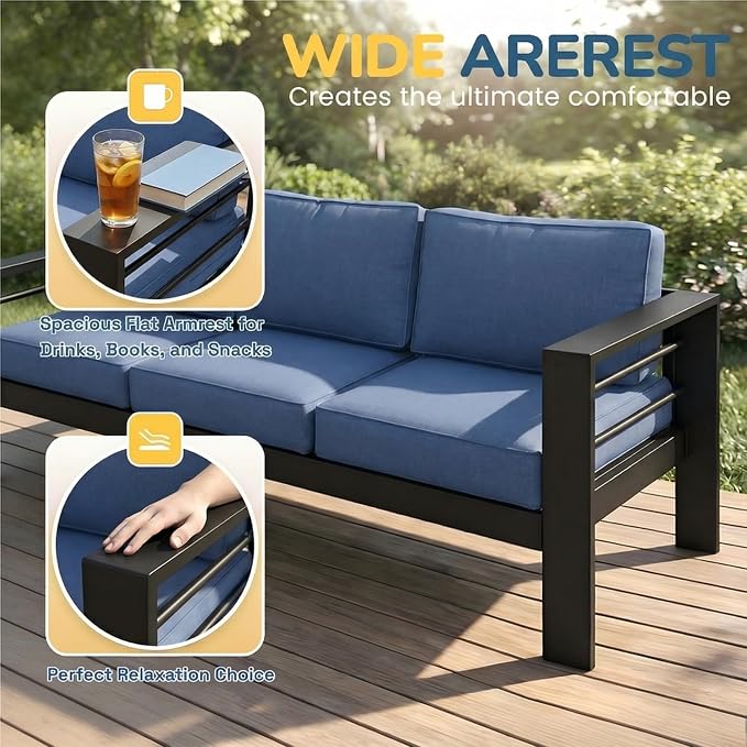 Wisteria Lane Aluminum Patio Furniture Set for All Weather, Oversized Metal Outdoor Furniture Set with 27.5" Deep Seat and Thick Back Cushion, Outdoor Patio Conversation Sets with Wide armrest, Blue