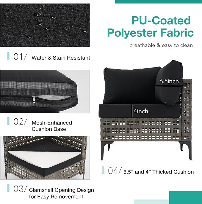 Patiorama 8 Piece Wicker Patio Furniture Set with 45” Fire Pit Table, Metal-Colored PE Rattan Outdoor Sectional Sofa, 50000 BTU Propane Fire Pit w/Wind Guard,Cover,Water Resistant Cushion-Black