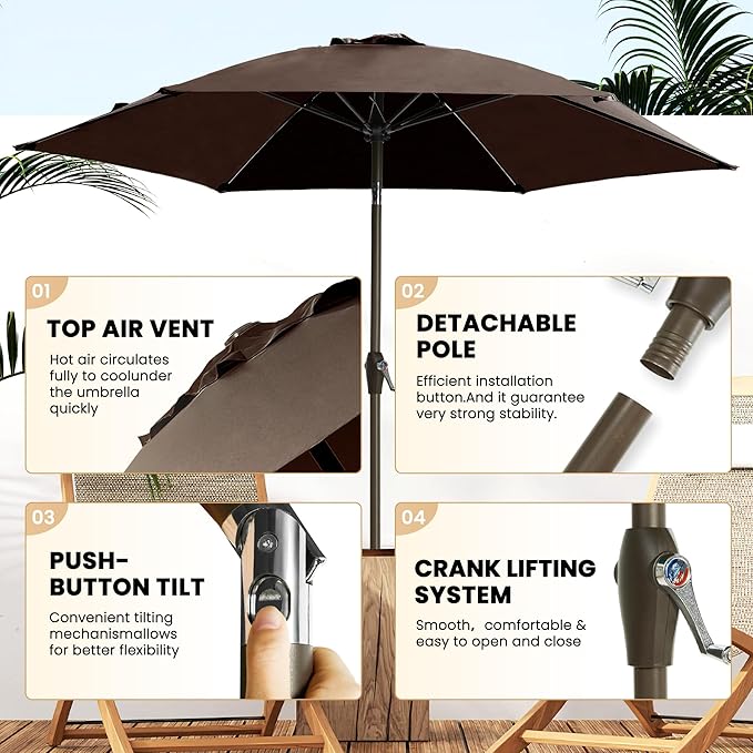 Ayge 7.5FT Large Outdoor Patio Umbrella Market Table Umbrella-UV Resistant, Easy Push Button Tilt and Crank, 6 Sturdy Fiberglass Ribs Heavy-Duty Pool Umbrella for Deck, Backyard,Garden, Yard,Brown
