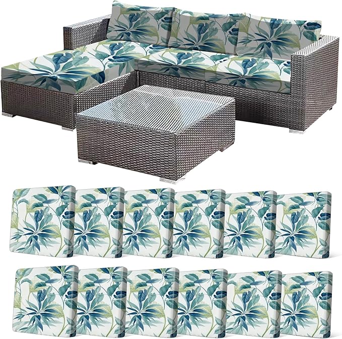 CALBODE 12 Pcs Stretch Outdoor Seat Cushion Covers, Botanical Chair Seat Cover for Patio Furniture Cushions Washable Reusable Indoor and Outdoor Couch Cover Replacement (Blue Leaves, Cover Only)