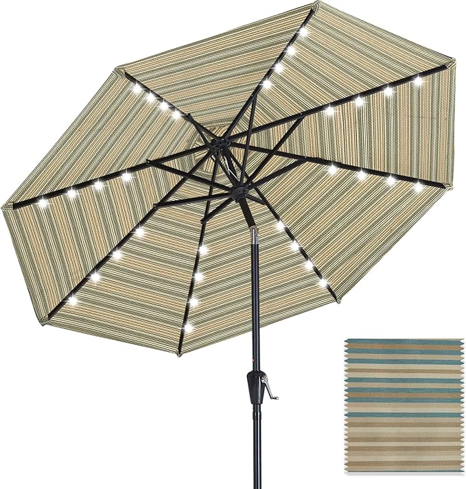 ABCCANOPY OLEFIN® 5-Year No Fading Patio Umbrella with Solar Lights (Brown&Beige Stripe)