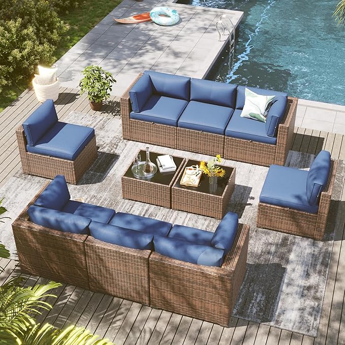 LazySunsets 10 Piece Outdoor Patio Furniture Set with Coffee Table, Outdoor Patio Furniture Sets with Waterproof Cover and Thicken Cushion, Wicker Rattan Outdoor Conversation Set for Backyard, Blue