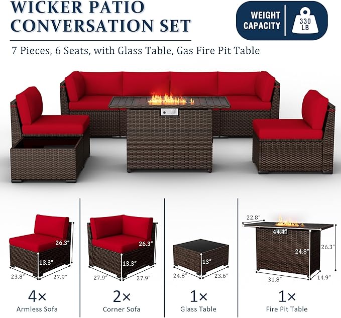 8 Pieces Outdoor Patio Furniture Set with 44" Fire Pit Table Rattan Sectional Conversation Sets w/Gas Fire Pit, Coffee Table, 1 Waterproof Covers, Wine red