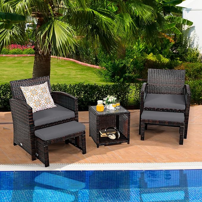 Tangkula 5 Pieces Wicker Patio Conversation Set, PE Rattan Outdoor Chairs & Ottomans Set with Single-Door Storage Coffee Table, Space-Saving Patio Furniture for Poolside, Backyard, Lawn, Deck (Grey)