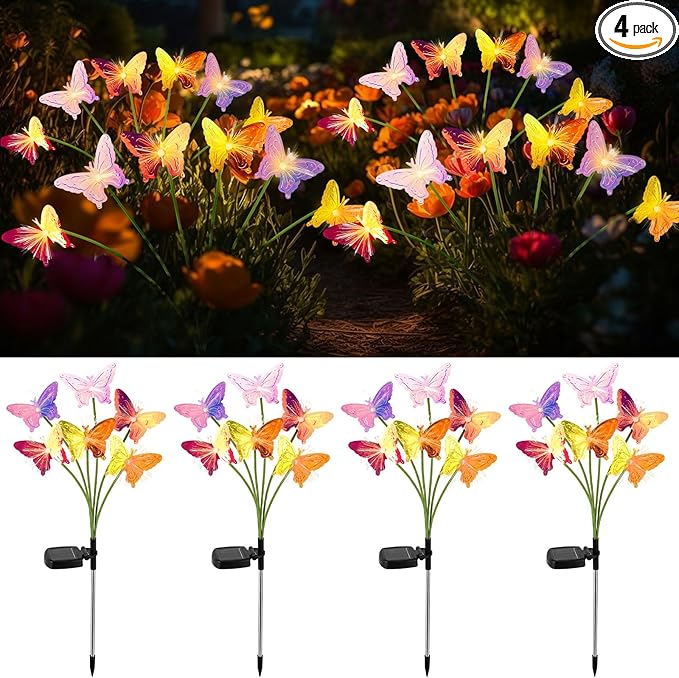 4 Pack Solar Butterfly Lights Outdoor Garden, 6 Head Solar Swaying Pathway Stake Lights Waterproof for Yard Lawn Patio Walkway Landscape Decor