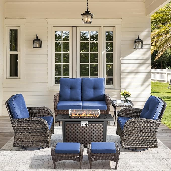 7 Pieces Outdoor Furniture with Fire Pit Deep Seating Outdoor Glider Loveseat with Patio Swivel Chairs Outdoor Furniture Set for Deck Porch Garden Balcony Poolside-Brown/Blue
