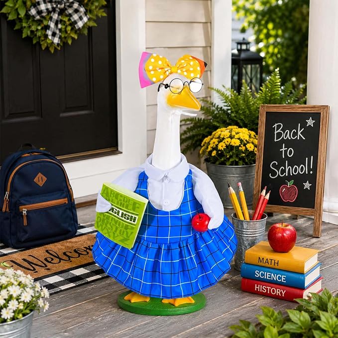 JcHrmers Back to School Porch Goose Outfits Teacher Lawn Goose Clothes Fits 23" / 17'' Cement Plastic Goose Statue for Outdoor Garden Yard Patio School Classroom Decor