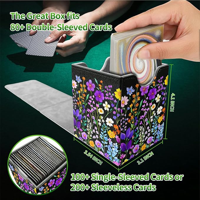 Deck Box for MTG, Cards Storage Box Fits 120+ Sleeved, Leather Medium Size Strong Magnetic Closing Card Case for Board Games Magic TCG CCG Baseball Collection, Purple Wildflower