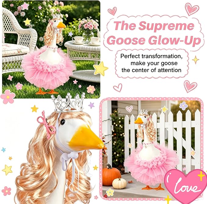 6 Pcs Princess Porch Goose Outfit Set Porch Goose Summer Outfits with Wigs, Pink Funny Geese Cloth with Long Blonde Wigs and Tutu Skirt for 23“ Lawn Goose Statues