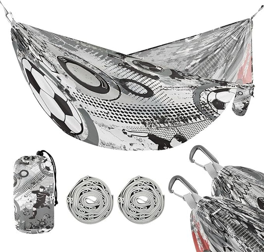 Soccer Graffiti Camping Hammock, Portable Lightweight Single Hammock with Tree Straps and Aluminum Carabiners, 114" x 54" Travel Hammock for Hiking Backpacking Beach