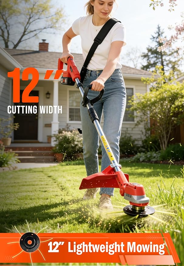 12" Brushless Cordless Weed Wacker, Fits .095" Trimmer Line, 21V Battery Powered Electric Weed Eater with 2X 4.0Ah Batteries, Metal Blade & Shoulder Strap, 3-in-1 Grass Trimmer Brush Cutter lawn edger