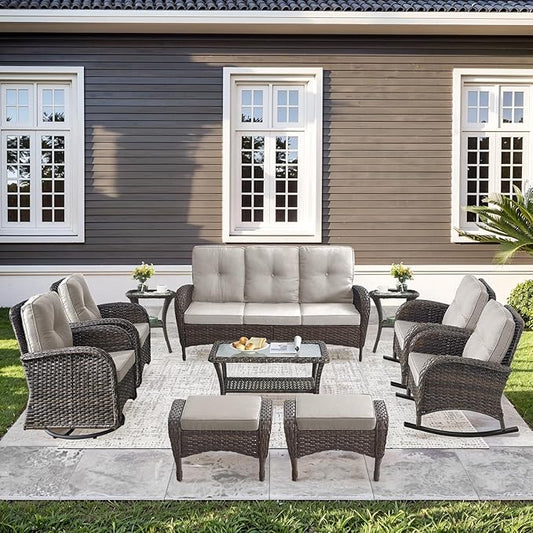 10-Piece Patio Furniture Set-Patio Rocking Chairs Set of 4 Outdoor Rattan Sofa Sets with Coffee Table Outdoor Patio Furniture Sets for Deck Porch Garden Balcony Poolside-Brown/Beige