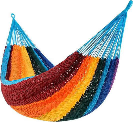 Lazy Daze Hammocks Handwoven XL Mayan Hammock, 10.5 FT Soft Rope Double Hammocks, Portable Outdoor Hammock with Carry Bag, 2 Straps & Carabiners for Patio Outside, 550 lbs Weight Capacity, Rainbow