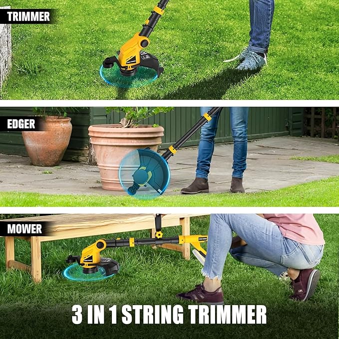 3 in 1 Cordless String Trimmer Compatible with DEWALT 20V MAX Battery(Tool Only), 12" Auto Feed Cordless Weed Eater, Lightweight Electric Weed Wacker & Edger for Lawn, Garden, Yard-Yellow