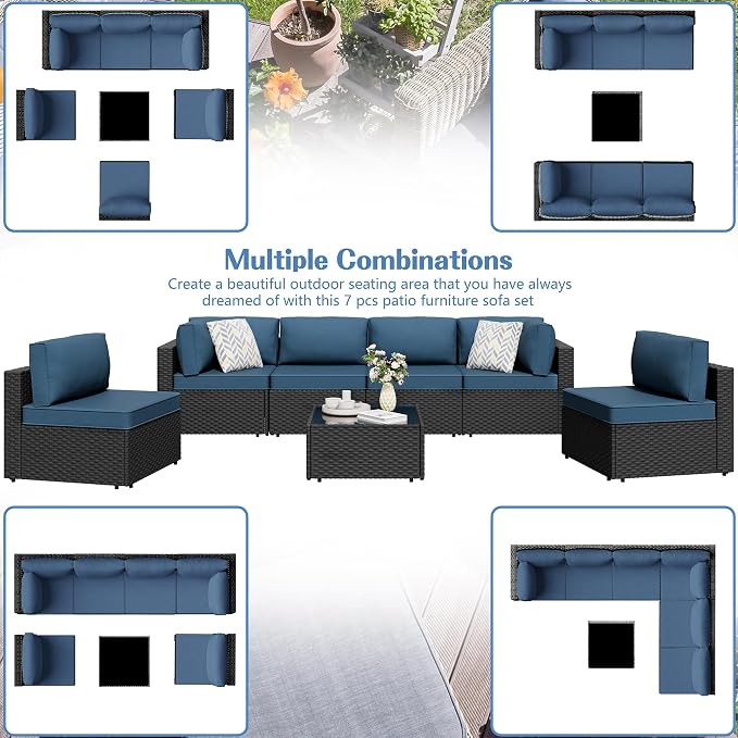 7 Piece Outdoor Patio Furniture Set,Black PE Rattan Wicker Sectional Sofa, All Weather Conversation Set with Washable Cushions & Glass Coffee Table for Backyard Poolside Garden Porch,Navy Blue