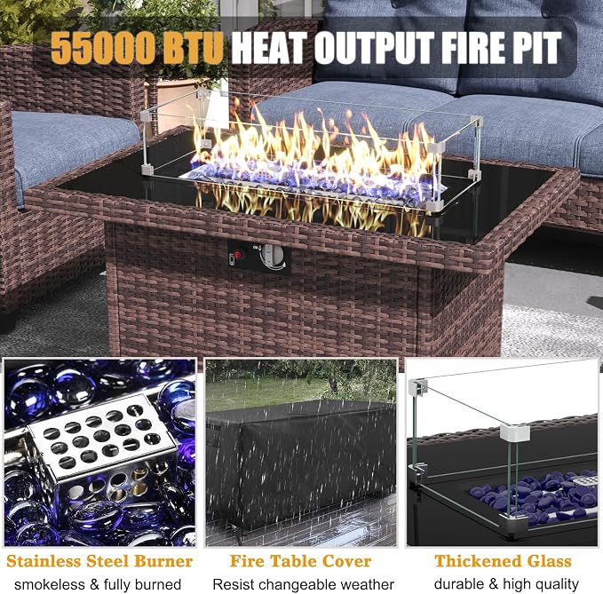 LayinSun 7 Pieces Patio Furniture Set with Swivel Chairs, Rattan Wicker Rocking Glide Chairs with 44" Propane Gas Fire Pit Table Conversation Set