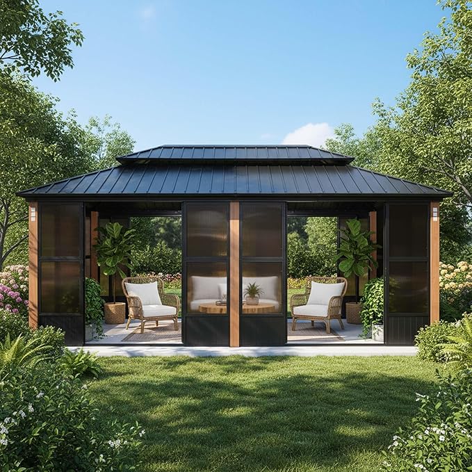 PURPLE LEAF 12' X 20' Patio Hardtop Gazebo Double Top Galvanized Steel Screen Aluminum Outdoor Solarium for Garden Backyard
