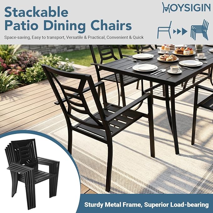Outdoor Patio Dining Sets 9 Pieces, Large 77" Rectangular Metal Dining Table with Umbrella Hole & 8 Stackable Chairs, Weather Resistant Garden Furniture Set for Backyard, Deck, Porch