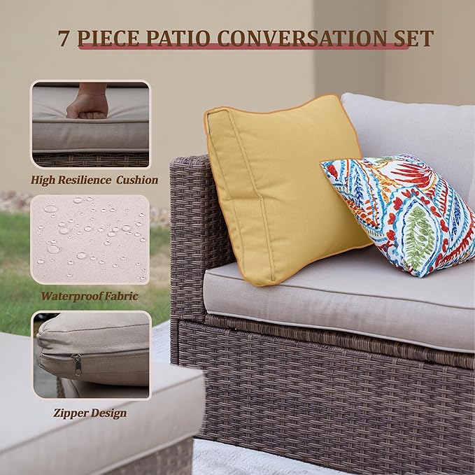 7 Piece Outdoor Patio Furniture Sets, Brown Patio Sectional Furniture All-Weather PE Rattan Sectional Sofa, Outdoor Wicker Conversatin Set w Glass Coffee Table for Backyard, Garden, Porch
