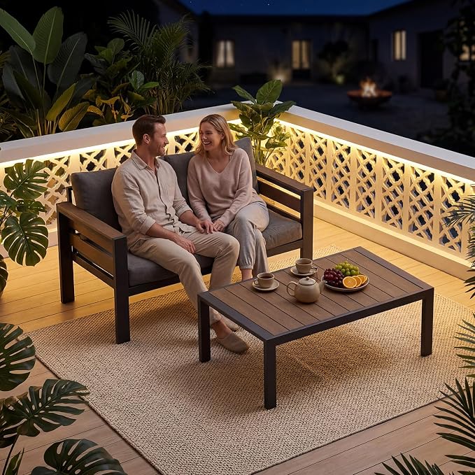 SUNYRISY Aluminum Outdoor Patio Furniture Set with Coffee Table, 2 Piece Metal Outdoor Conversation Sets with Thick Olefin Cushions, Sofa Couch Set for Porch, Deck, Backyard, Lawn, Pool