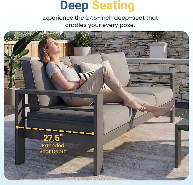 Wisteria Lane 5 Pieces Aluminum Patio Furniture Set with Umbrella, All Weather Oversized Outdoor Furniture Set with Deep Seat and Back Cushion, Patio Conversation Sets with Wide armrest, Gray & Kahki
