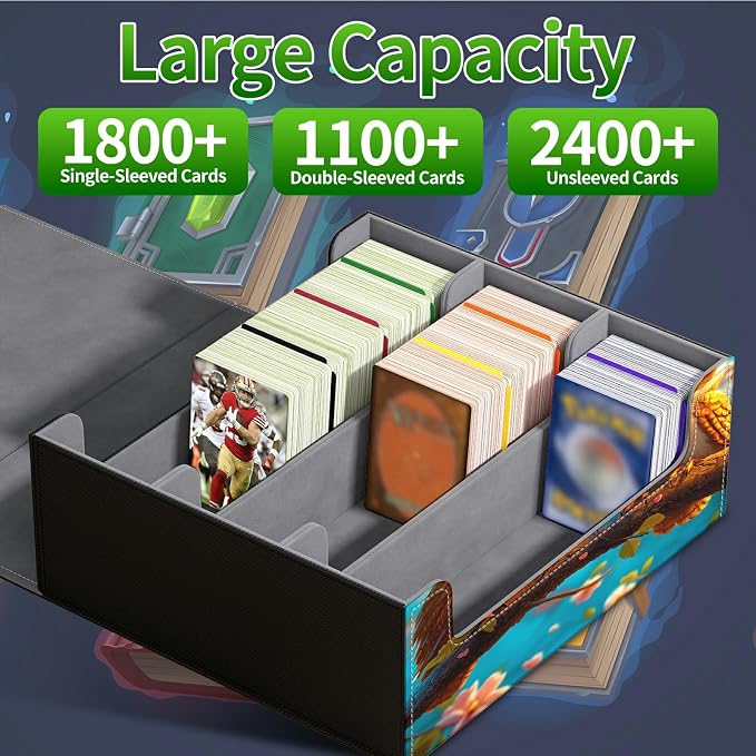 Card Deck Box for MTG, Cards Storage Box Fits 120+ Sleeved, Leather Big Size Strong Magnetic Closing Case for Board Games Magic TCG CCG Baseball Collection Women Man, Owl Blue