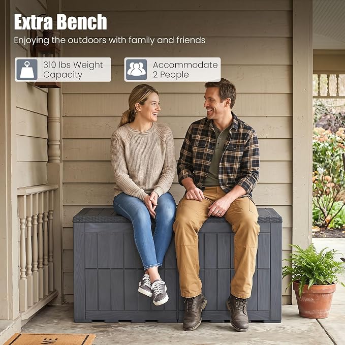 HAPPYGRILL 100 Gal Outdoor Deck Box, Lockable Storage Bin with Lid and Handles, Waterproof and Sun-Protective Patio Bench and Storage Box for Garden Tools Pool Supplies (Gray, 100Gallon)