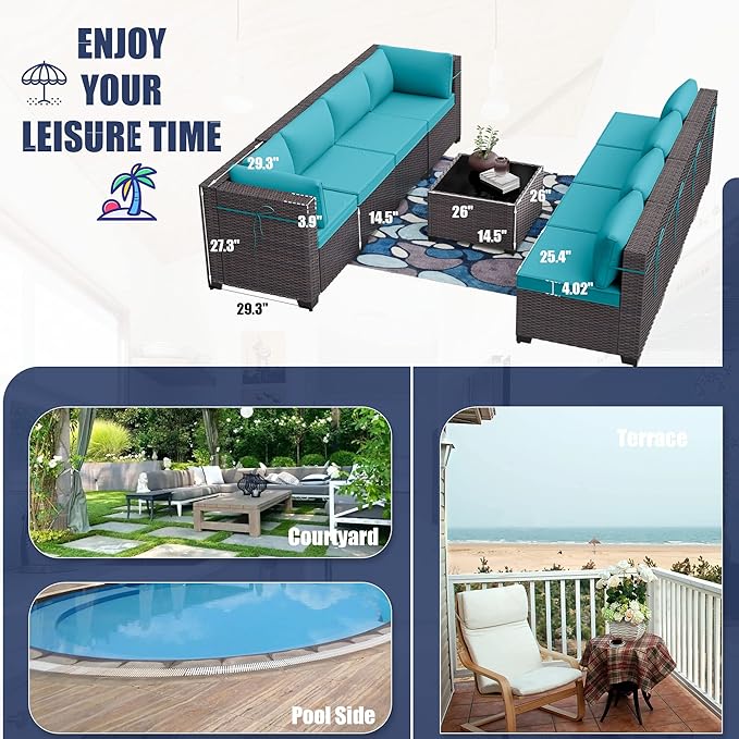 Patio Furniture Set 7PCS Outdoor Furniture for Backyard Sectional Sofa Set, Rattan Wicker Patio Conversation Set with 4 Inch Thickened Cushions and Glass Coffee Table, Blue
