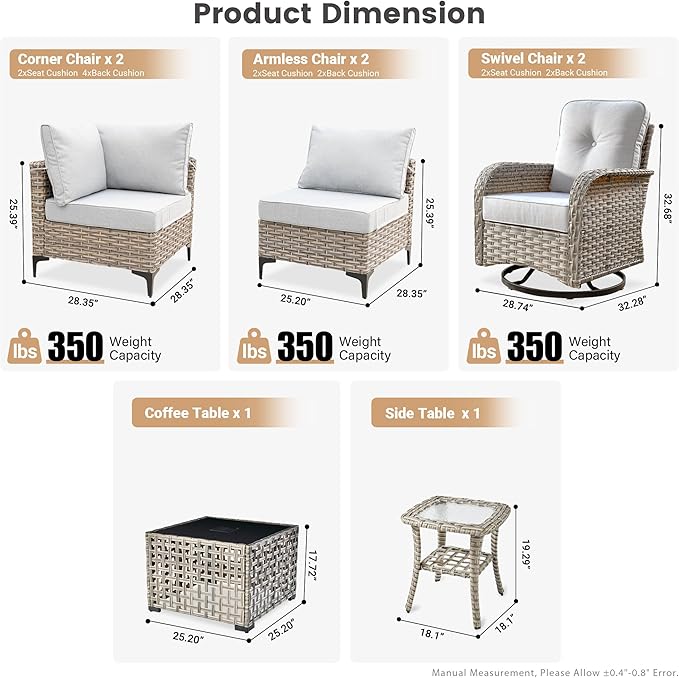 Outdoor Patio Furniture Sets, 8 PCS Patio Conversation Set Outside Rattan Sectional Sofa with Wicker Rocking Chairs Coffee Table Soft Cushion Fit Backyard Porch Garden Poolside Balcony