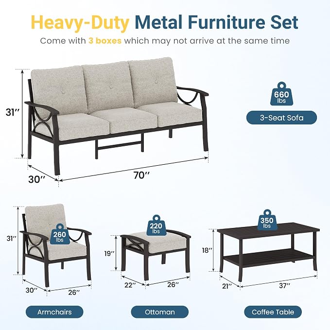 RoyalCraft Outdoor Patio Furniture Set, 7 Seats Outdoor Patio Set with 4" Thick Cushion, All-Weather Metal Patio Sofa with Coffee Table, Outdoor Sectional Furniture for Porch Backyard, Khaki&Beige