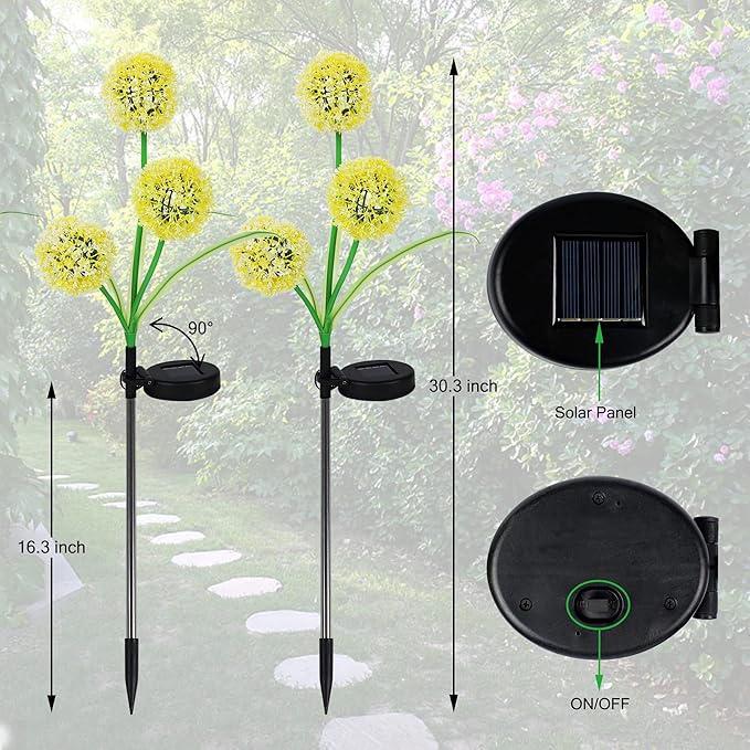 FORUP 2 Pack Solar Garden Stake Lights, Outdoor Solar Powered Lights in Dandelion Flower Design for Patio, Lawn, Garden, Yard Decoration, Yellow & White