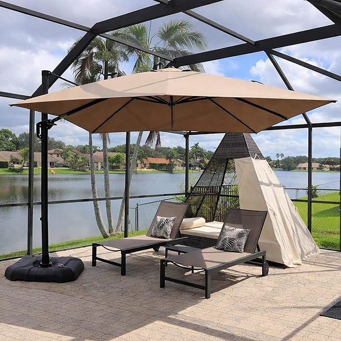 PURPLE LEAF 10 Feet Square Cantilever Umbrella Patio Umbrella with Base Outdoor Umbrella Aluminum Offset with 360-degree Rotation for Garden Deck Pool Patio Taupe